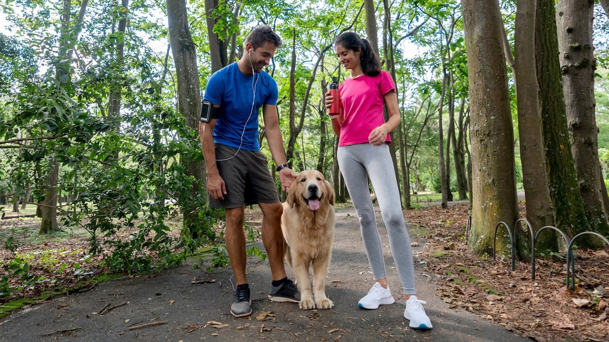 Couple in woods with dog
