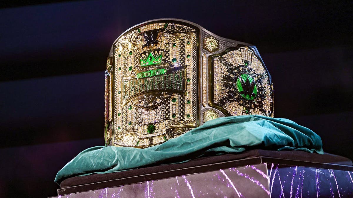 Crown Jewel Men's Championship belt displayed at Mohammed Abdo Arena.