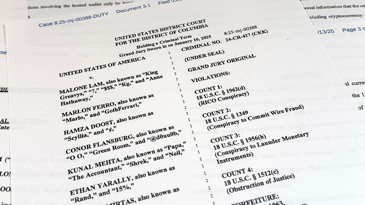 A Justice Department indictment document against Malone Lam is photographed.