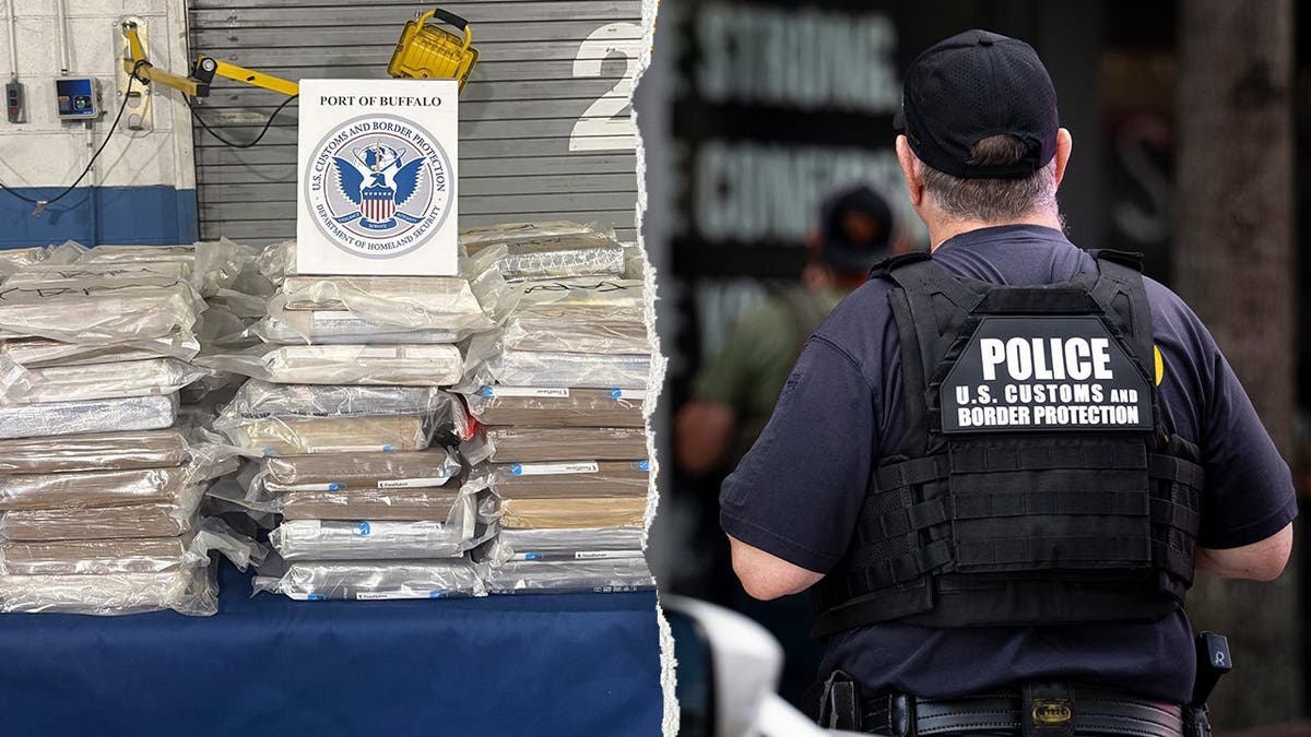 A shipment of cocaine seized at the U.S.-Canada border in Sept., left, pictured alongside a Customs and Border Protection agent, right.