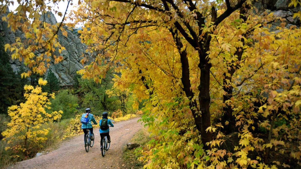 Cyclists ride along the Boulder Creek Path on a rainy day.