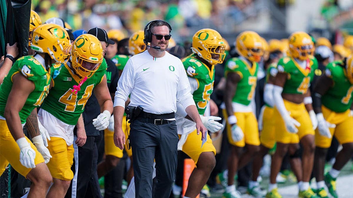 Head Coach Dan Lanning of the Oregon Ducks prepares for a play as his team takes the field during the second half of the game against the Boise State Broncos at Autzen Stadium on September 5, 2026 in Eugene, Oregon.