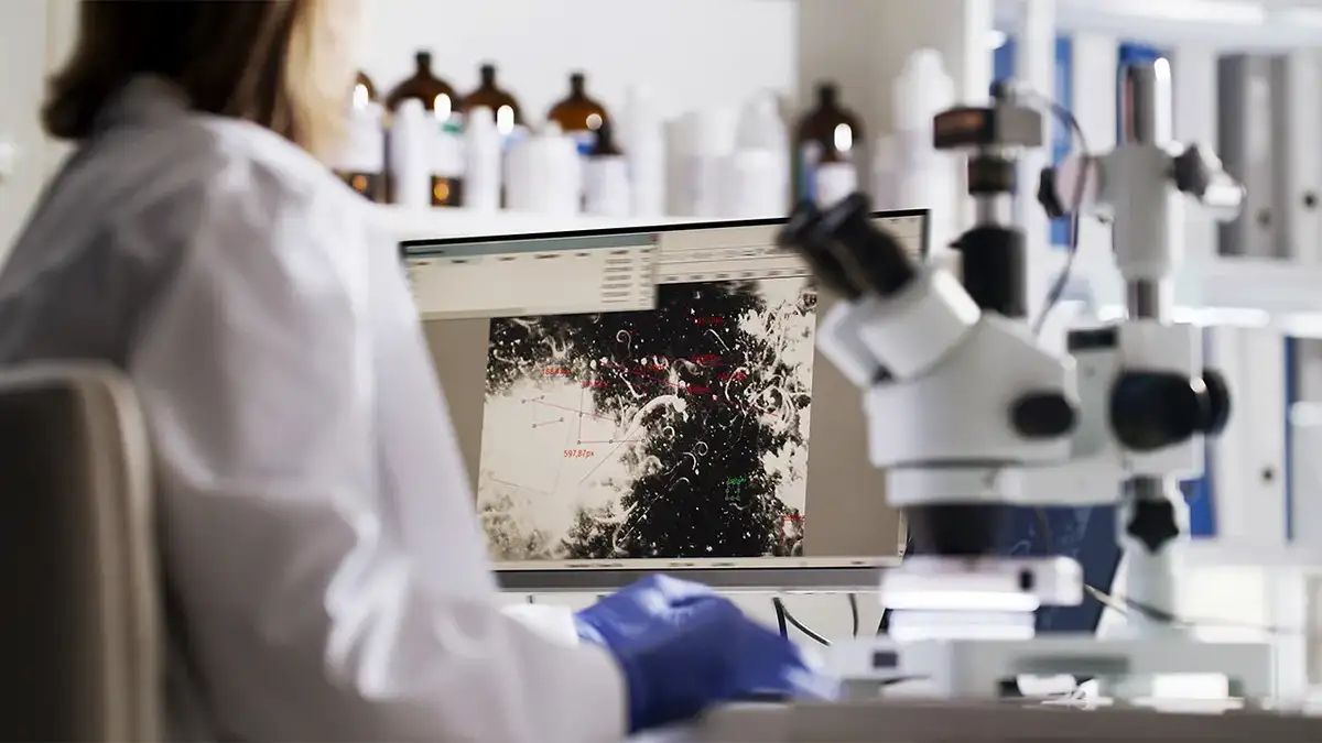 A scientist looks at a sample under a microscope.