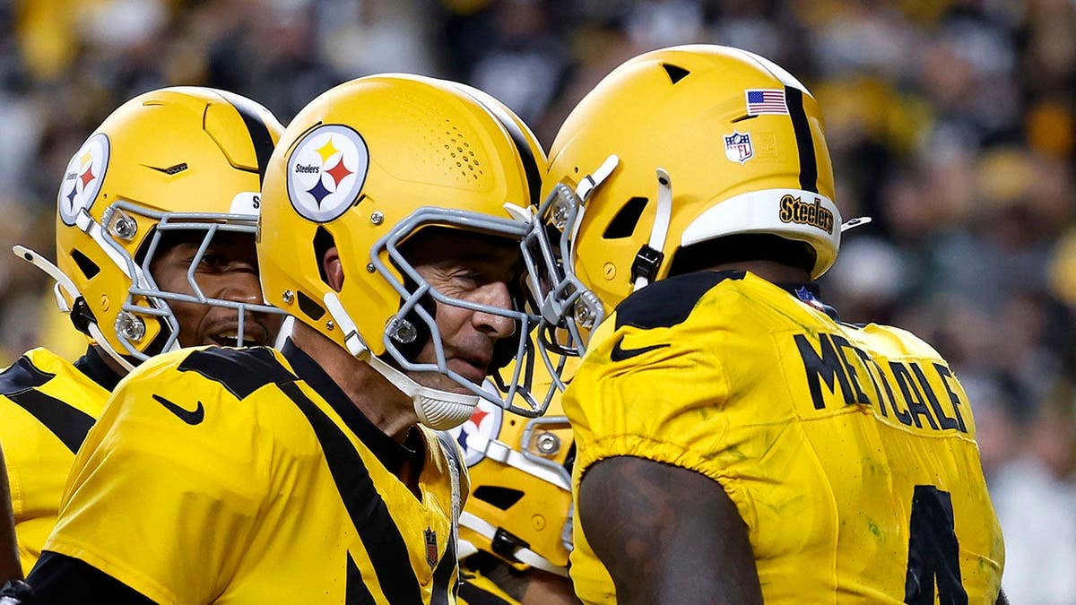 DK Metcalf celebrates a touchdown catch with Aaron Rodgers during a Steelers-Packers game.