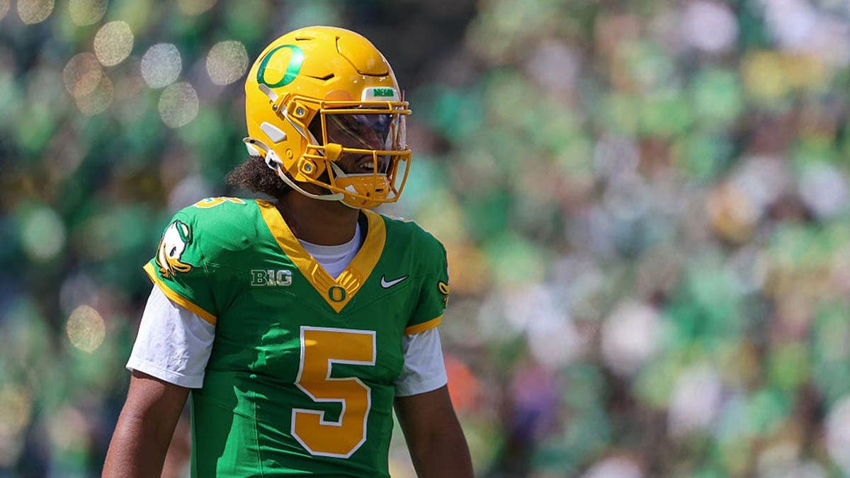 Dante Moore of the Oregon Ducks looks on between plays during a game between Boise State University and University of Oregon at Autzen Stadium on September 5, 2026 in Eugene, Oregon.