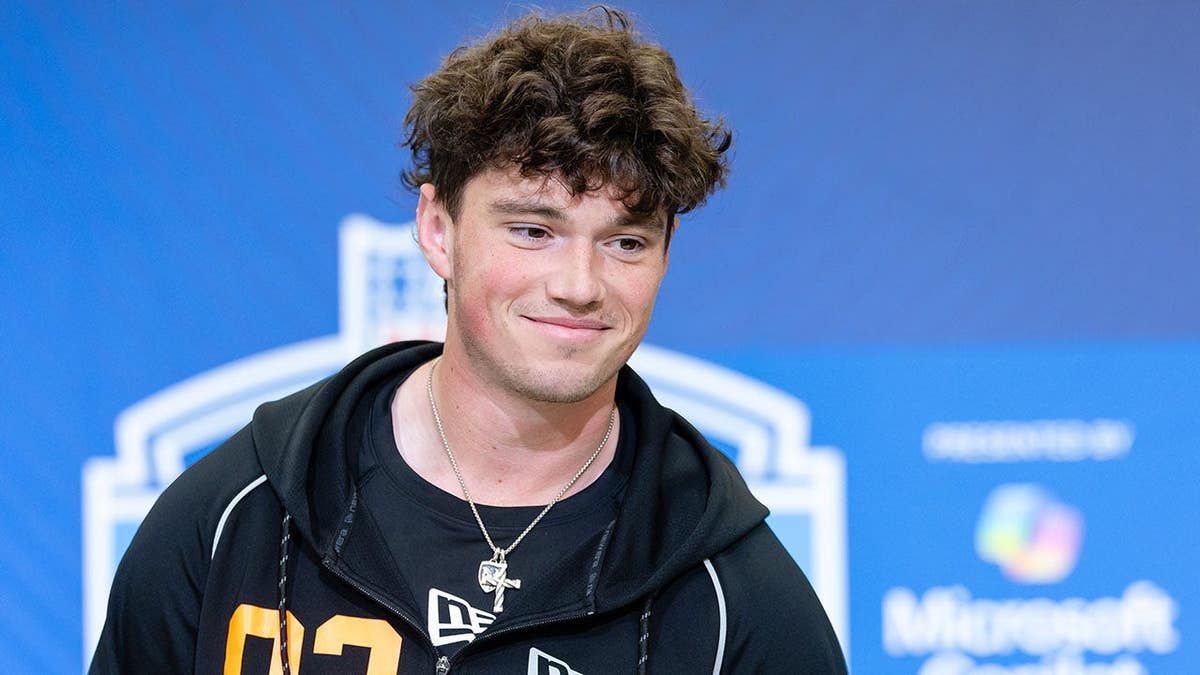 Drew Allar speaks to media at the NFL Draft Combine.