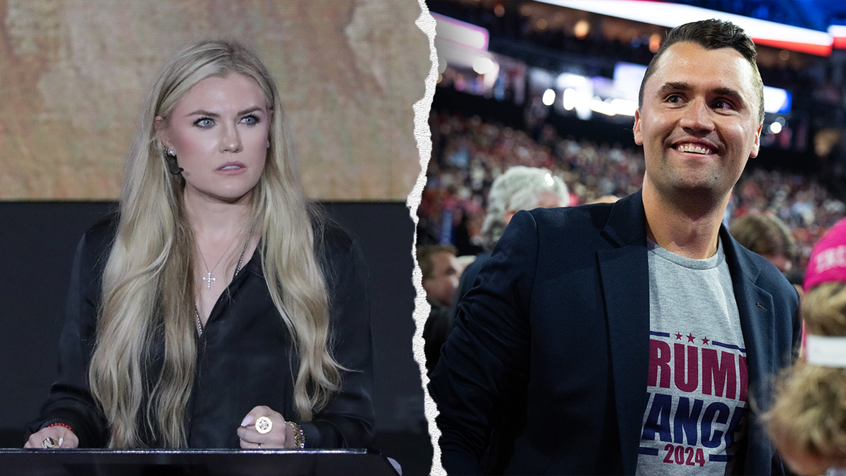 A split image showing Erika Kirk speaking at a podium and Charlie Kirk on the floor of the RNC in Milwaukee