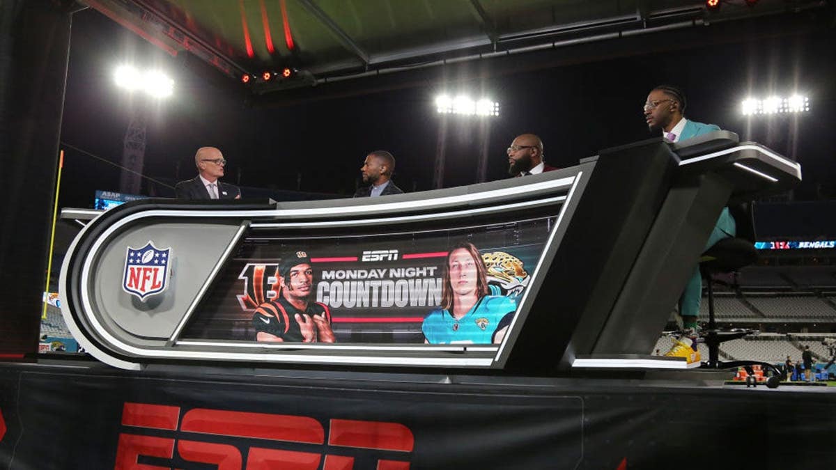 ESPN Monday Night Countdown booth at EverBank Stadium before Jacksonville Jaguars game.
