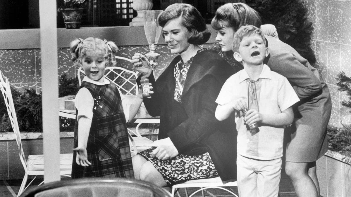 Diane Brewster, Anissa Jones, Kathy Garver, and Johnnie Whitaker in a scene from "Family Affair." 1967.