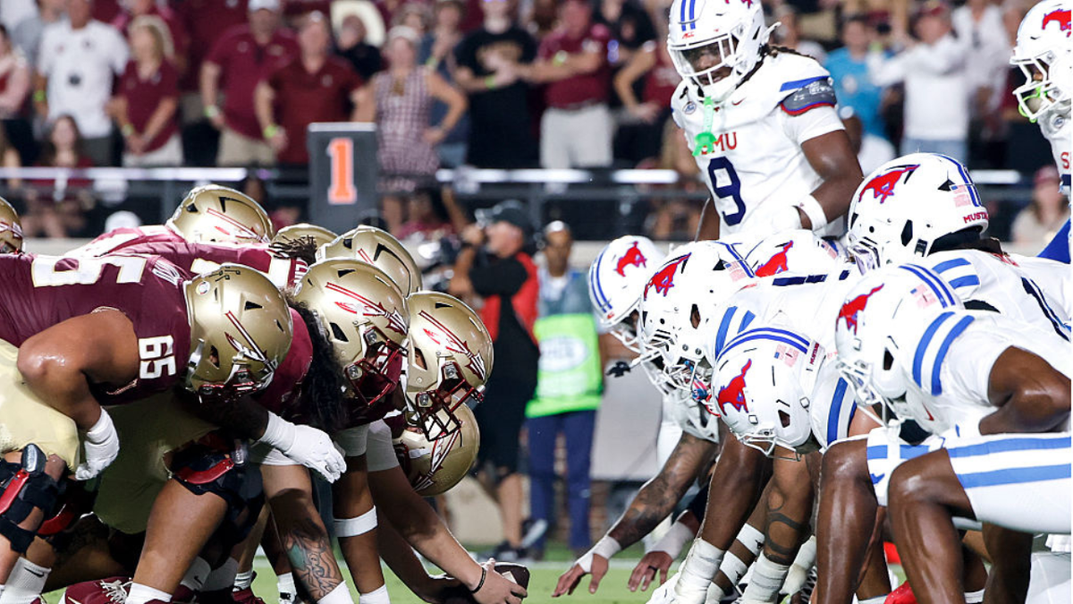 Florida State players line up for an extra point against SMU at Doak S. Campbell Stadium.