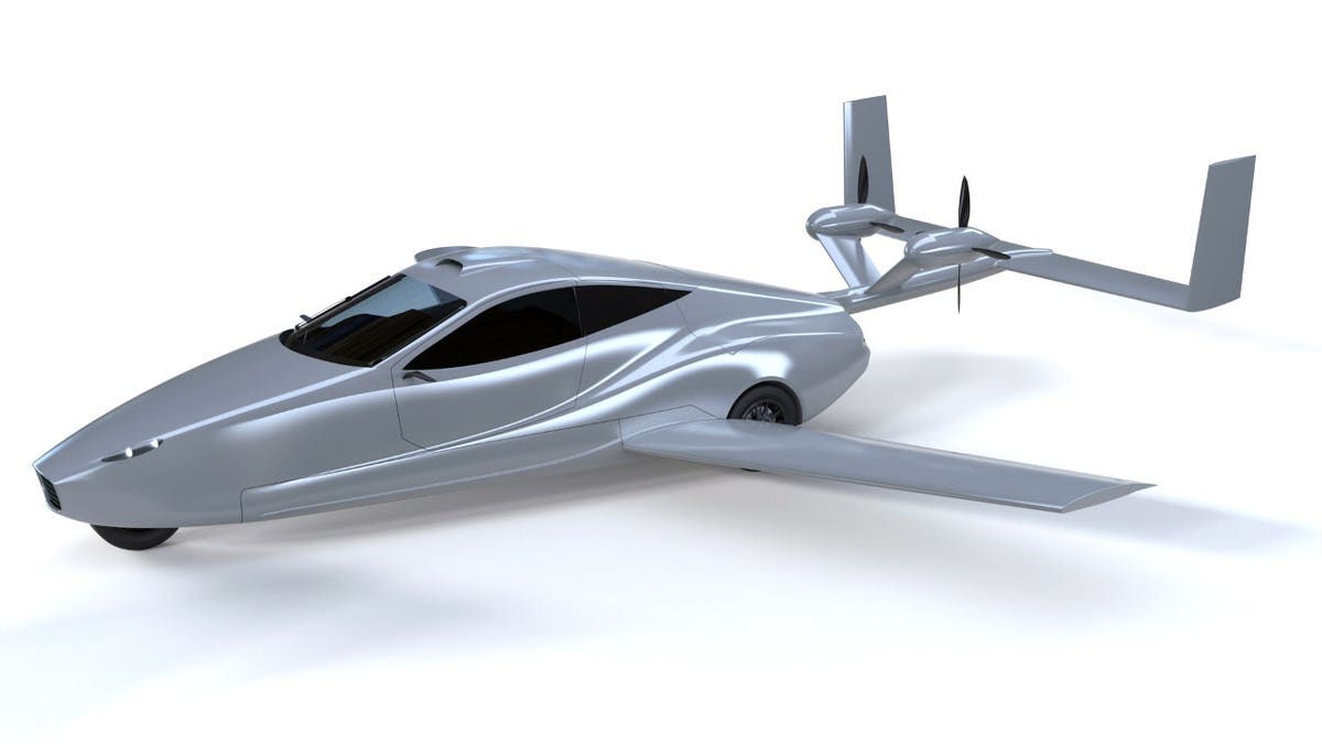 A rendering of a flying car.