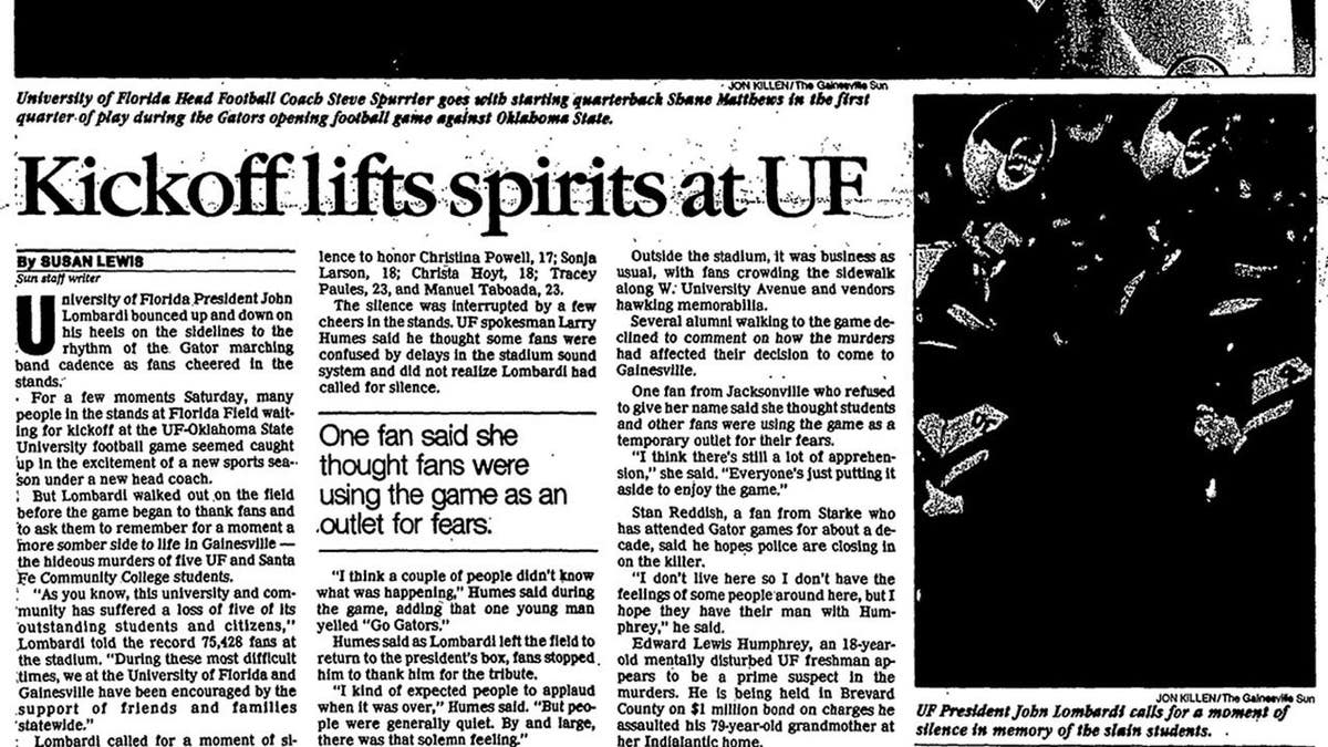 Gainesville Sun newspaper clipping reporting on UF football kickoff after killings