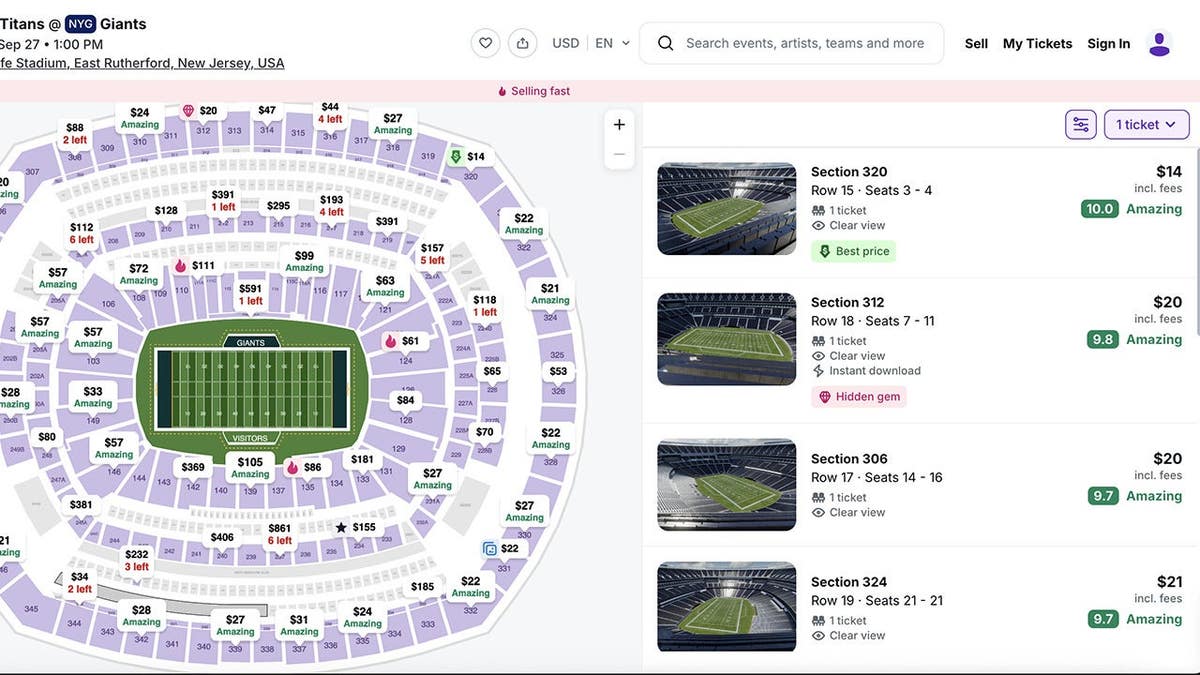 Stubhub ticket prices for Titans-Giants.