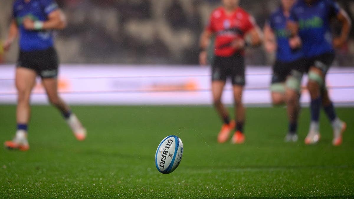 Gilbert rugby ball on the field during a Super Rugby Pacific match in Christchurch.