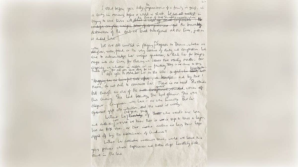 Spencer's handwritten eulogy notes for Diana's funeral