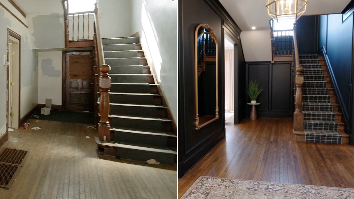 A staircase and entryway appear before and after a home renovation.