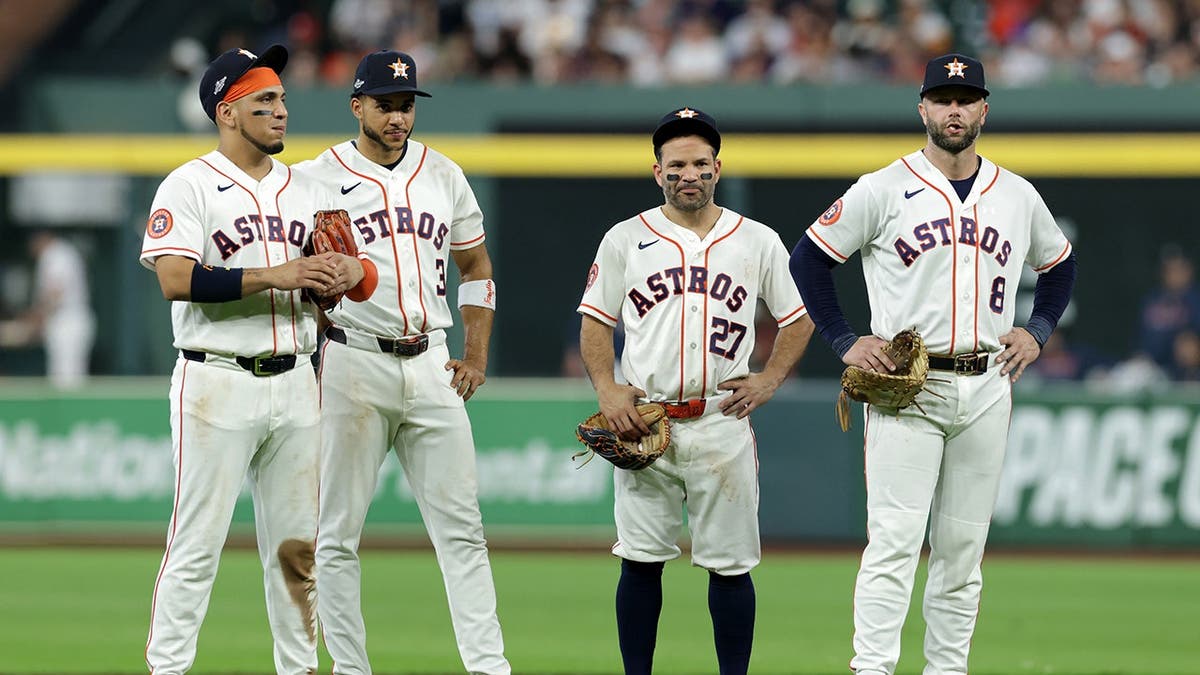 Isaac Paredes, Jeremy Peña, Jose Altuve and Christian Walker look on during the sixth inning against the Chicago White Sox.