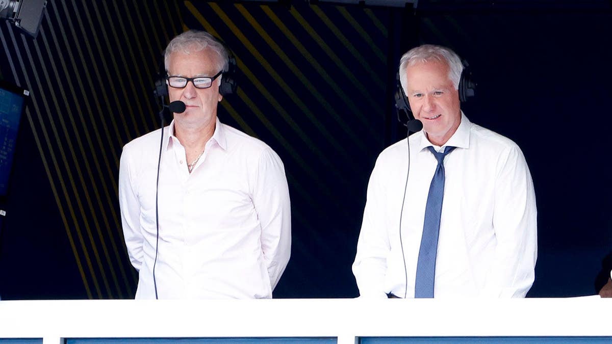 John McEnroe and Patrick McEnroe commentate the men's final at the US Open.