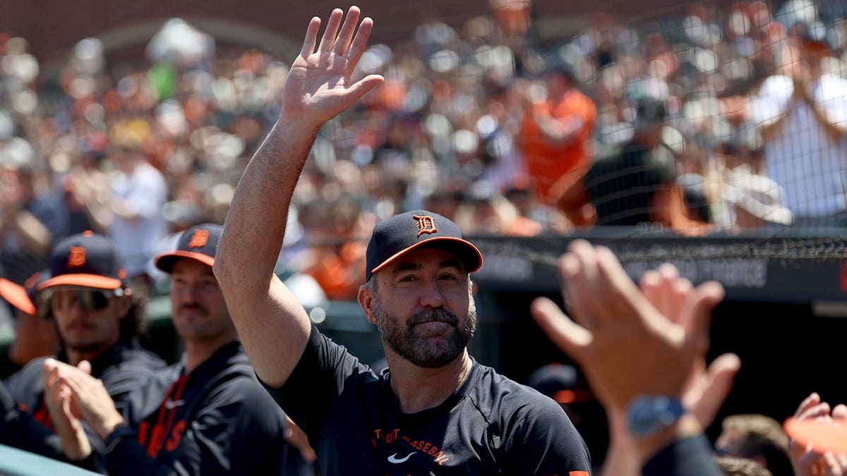 Justin Verlander acknowledges the crowd during a baseball game in San Francisco.