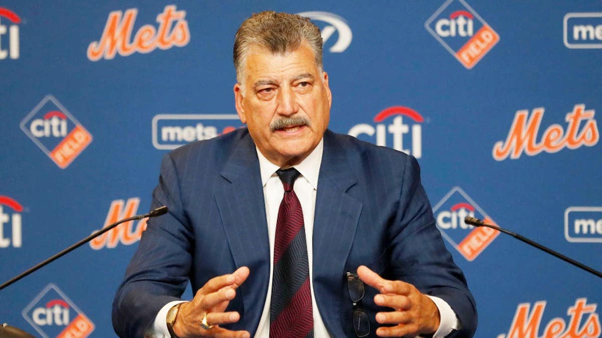 Keith Hernandez speaks at a podium during a press conference at Citi Field.