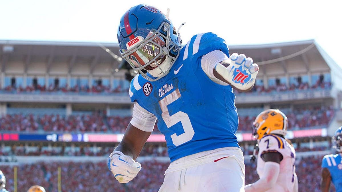 Ole Miss Rebels running back Kewan Lacy celebrates after scoring a touchdown during the college football game between the LSU Tigers and Ole Miss Rebels on September 27, 2025, at Vaught-Hemingway Stadium in Oxford, Mississippi.