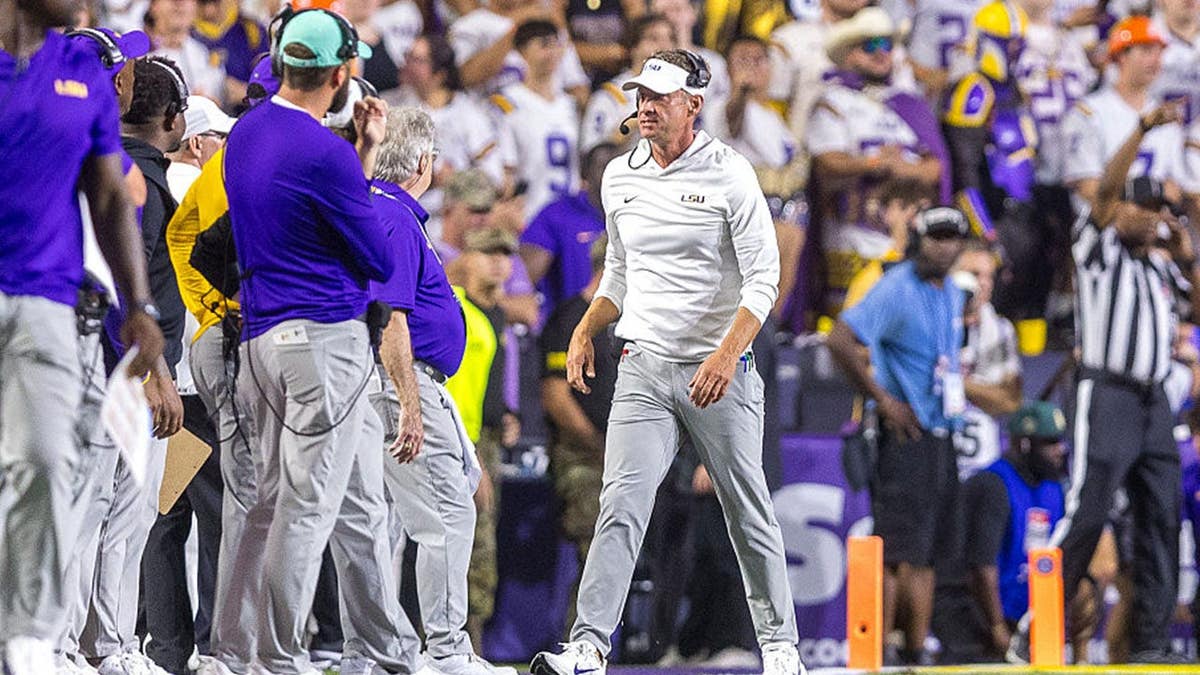 LSU Tigers head coach Lane Kiffen walks the sideline during a game between the LSU Tigers and the Clemson Tigers on September 5, 2026, at Tiger Stadium in Baton Rouge, Louisiana.