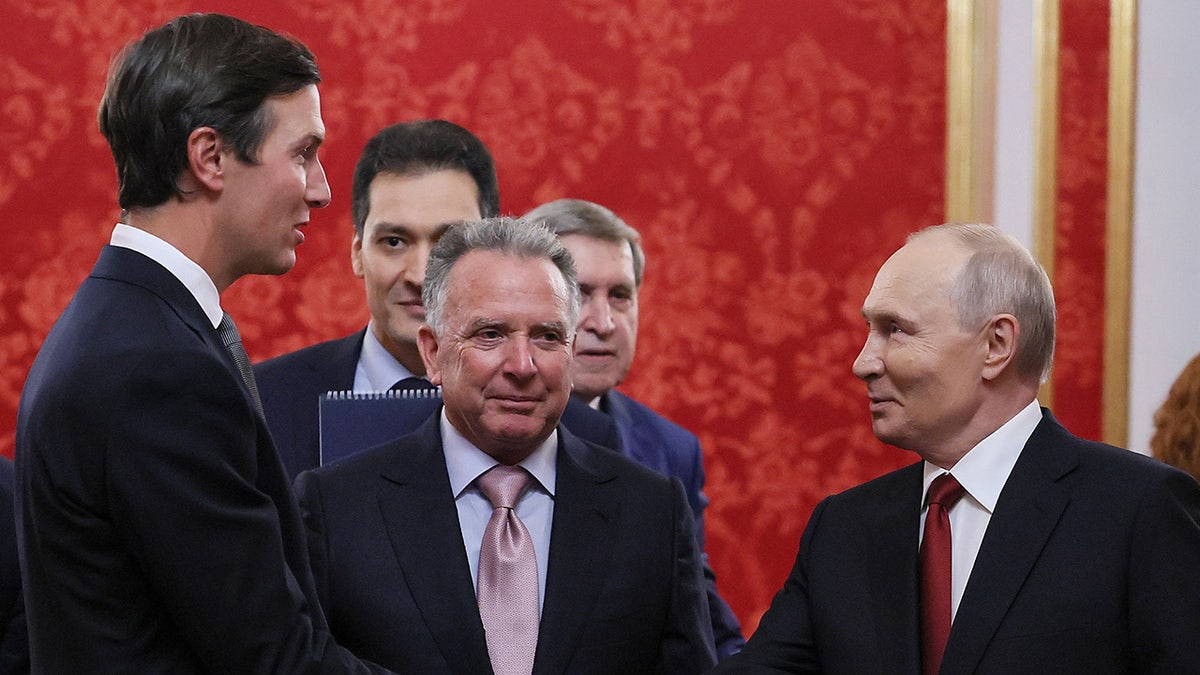 President Vladimir Putin, right, greets U.S. President Donald Trump's envoys Jared Kushner, left, and Steve Witkoff, center, prior to talks at the Senate Palace of the Kremlin in Moscow, on Saturday, Sept. 5, 2026. (Mikhail Metzel/Sputnik/Kremlin Pool Photo via AP)