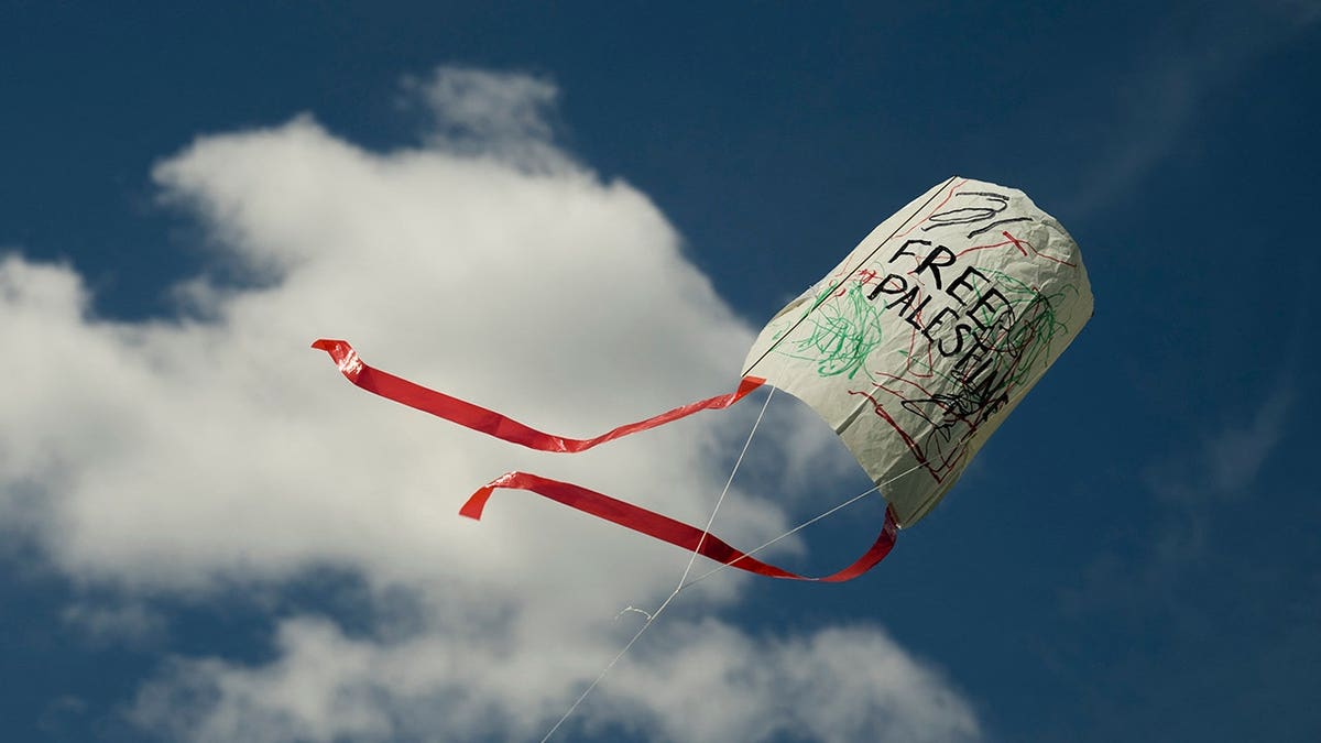 A man flies a kite during a rally in Philadelphia.