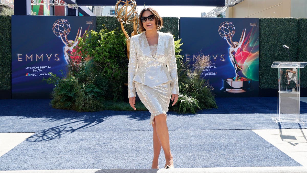 Mariska Hargitay stands on the Emmy Awards carpet at the Peacock Theater in Los Angeles.