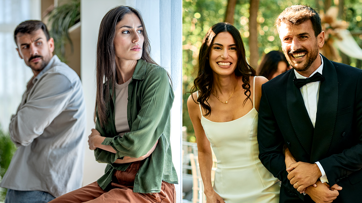 Split image shows happy married couple and unhappy single adults.