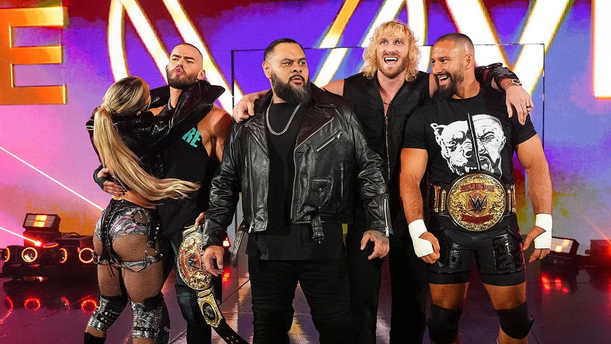 Maxxine Dupri, Austin Theory, Bronson Reed, Logan Paul and Bron Breakker make their entrance during Monday Night Raw.