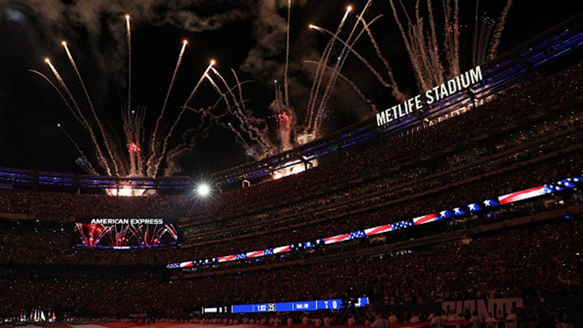 Interior view of MetLife Stadium during the national anthem before a Cowboys-Giants game.
