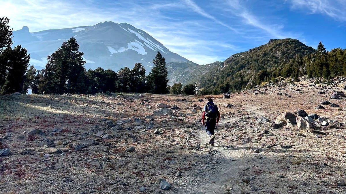A rescuer hikes along rough terrain and rocks toward Mount Shasta