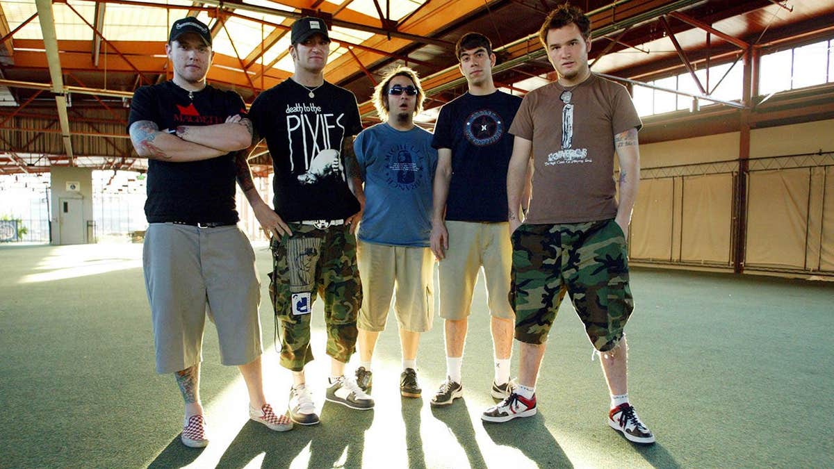 New Found Glory band members pose for a photo session during tour.