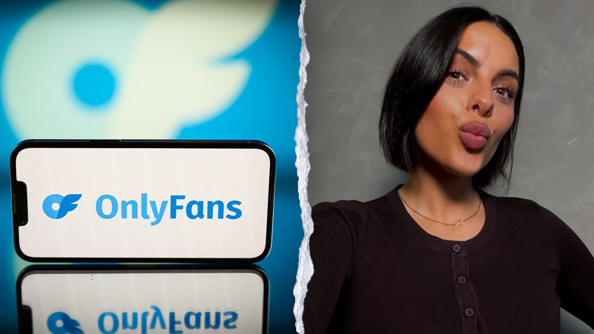onlyfans logo on left, dark hair dark eye woman doing kissy face on right