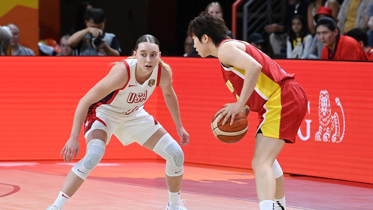 Paige Bueckers defends during USA Women's National Team game against China at FIBA Women's Basketball World Cup in Berlin.