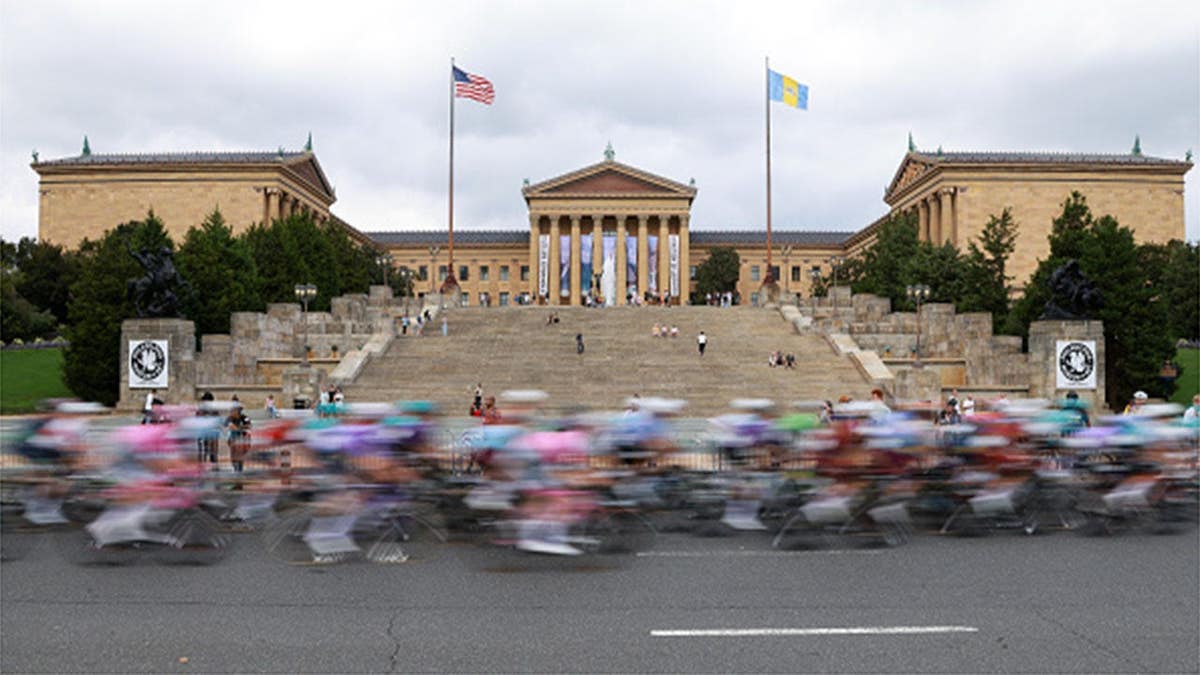 Professional cyclists race in front of the Philadelphia Museum of Art during the Philadelphia Cycling Classic.