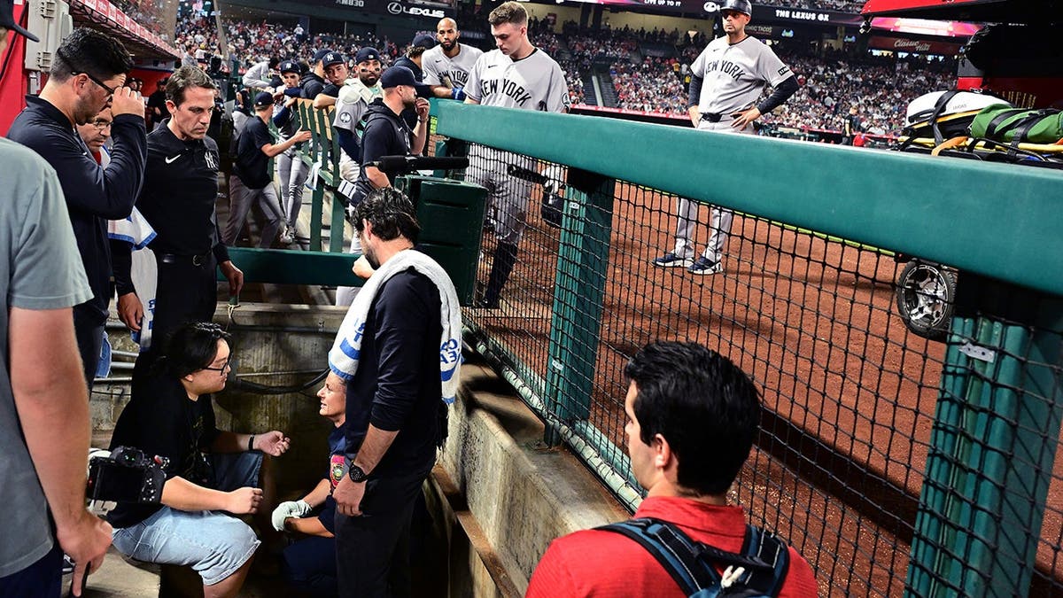 Medical personnel inspect a photographer's head after a foul ball at a Yankees-Angels game.