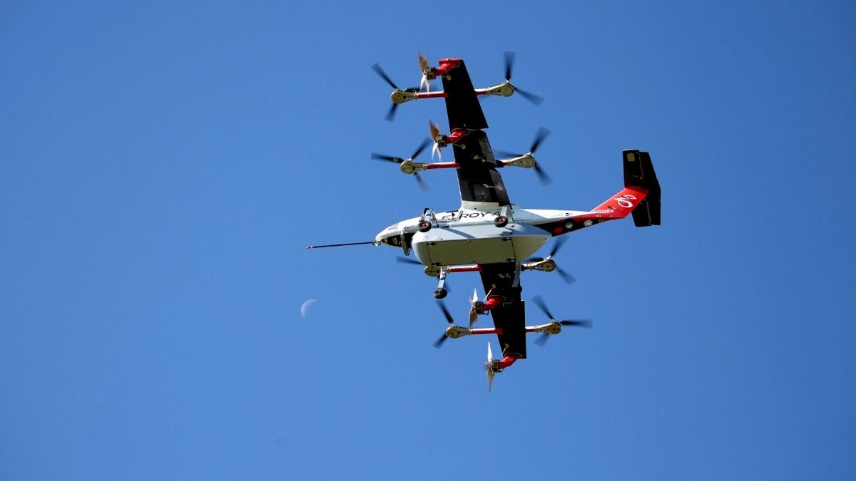 A pilotless cargo plane takes flight.