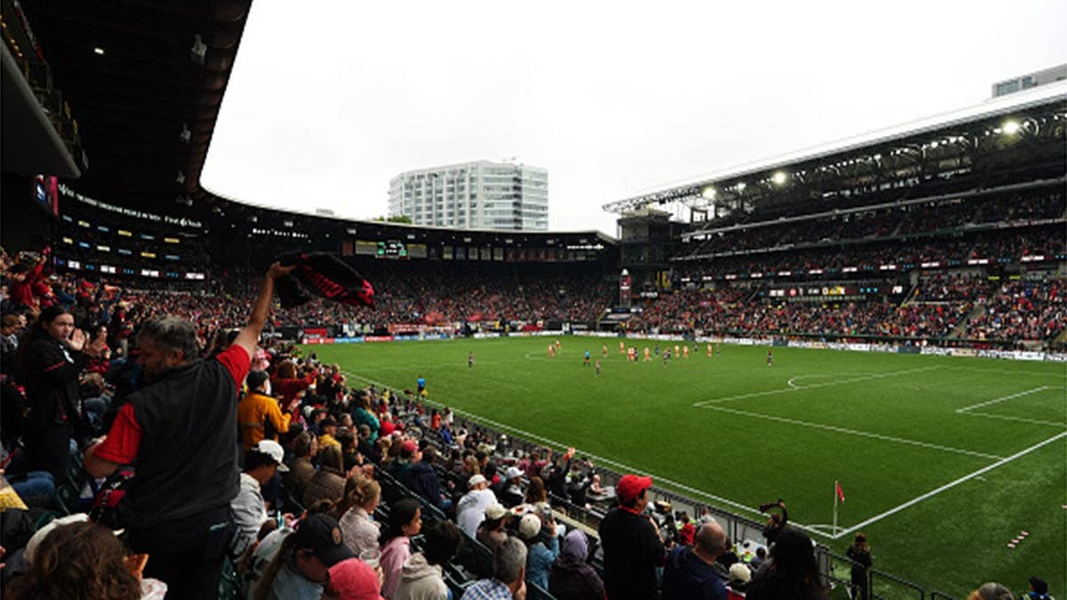 Stadium interior during a Portland Thorns FC and Washington Spirit NWSL match.