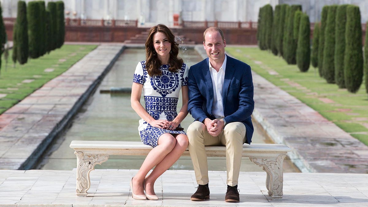Prince William and Catherine seated in front of the Taj Mahal in Agra, India.