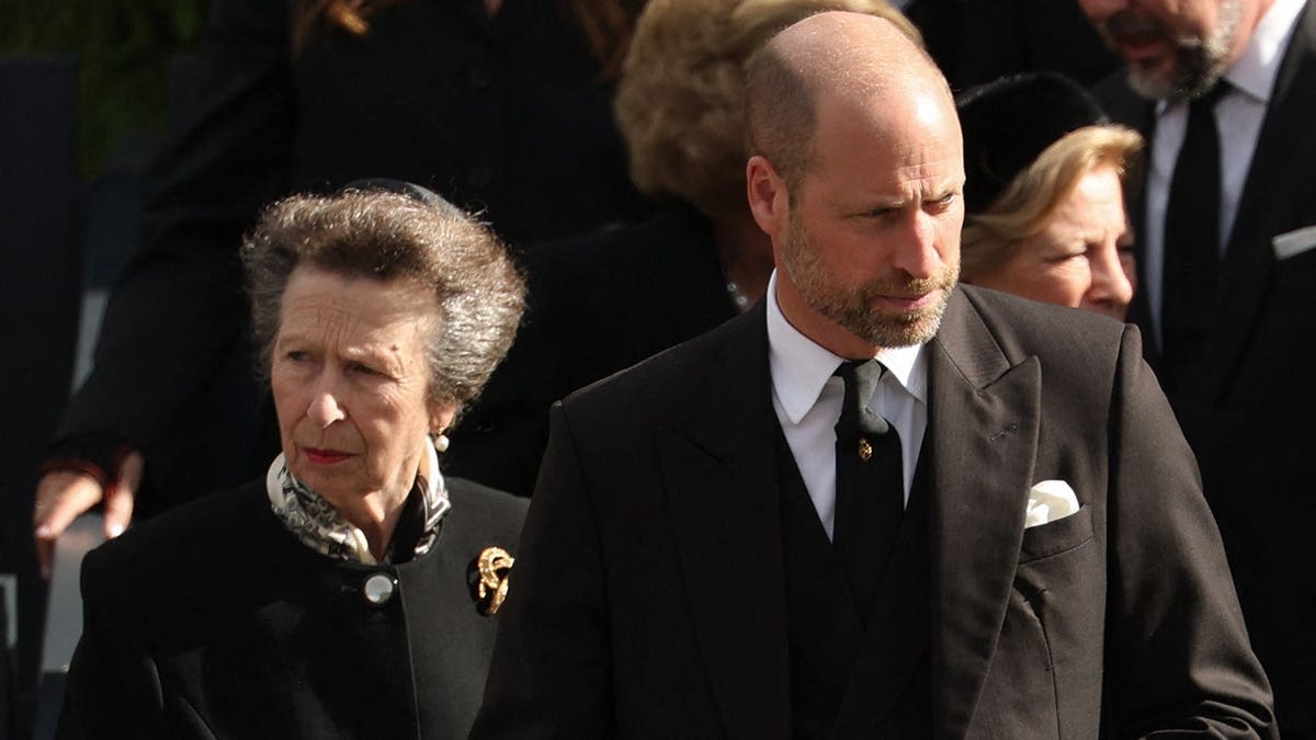 Princess Anne and Prince William leave a funeral service in Oslo.
