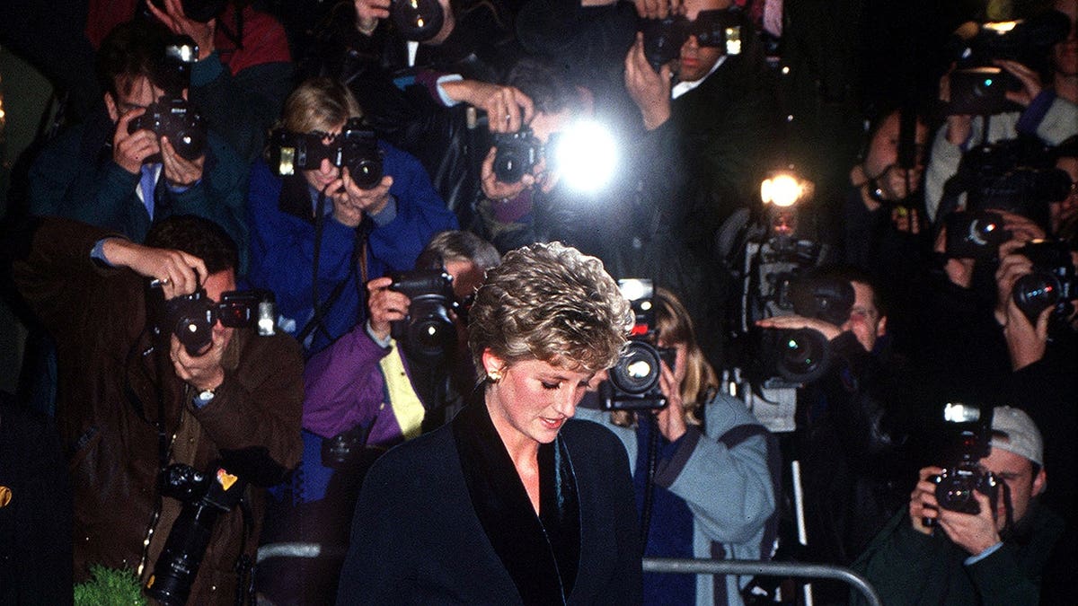 Princess Diana leaves a press conference at the Hilton Hotel in London on December 3, 1993.