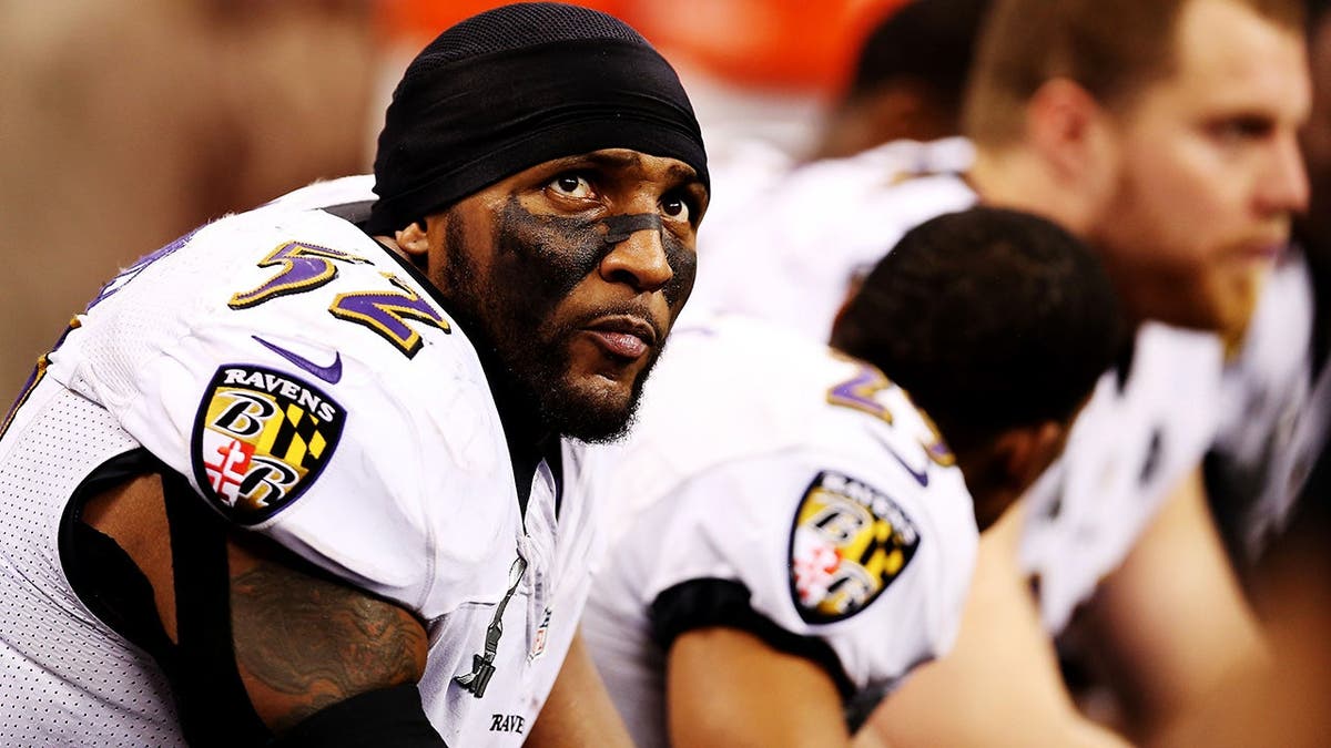 Ray Lewis #52 of the Baltimore Ravens looks on from the bench during Super Bowl XLVII.