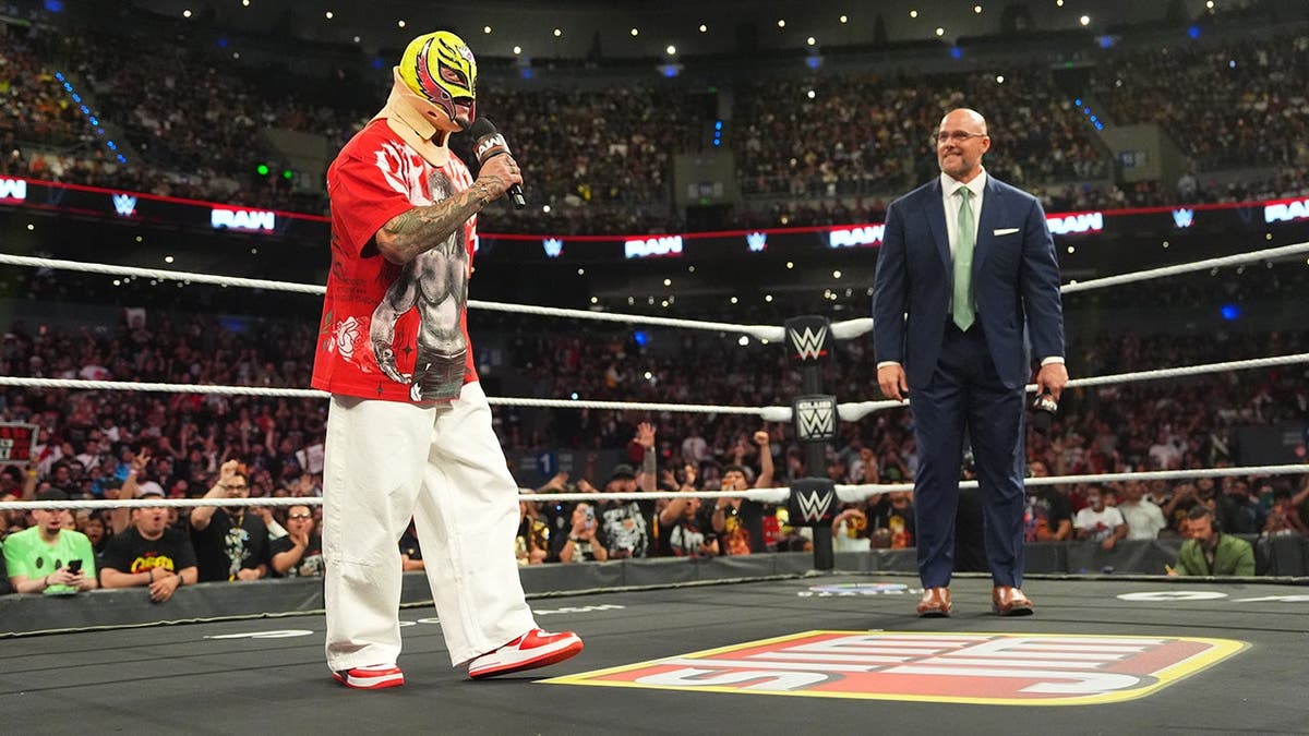 Rey Mysterio speaks during Monday Night RAW at Arena Ciudad de Mexico.