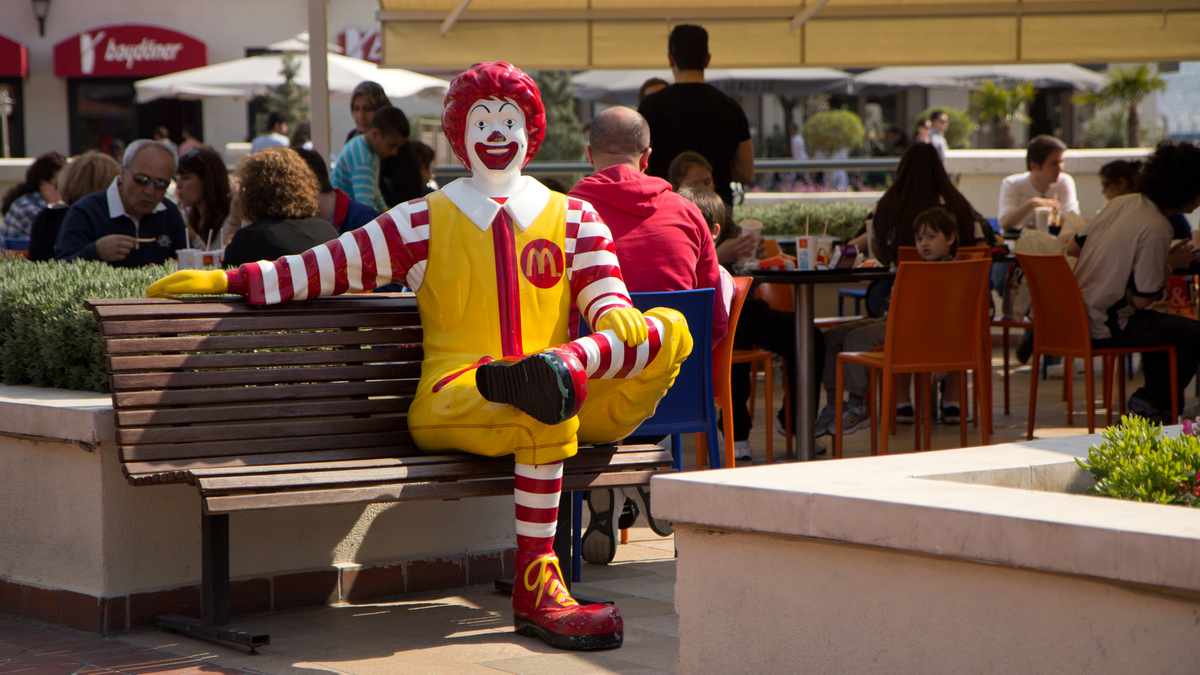A view of McDonald's mascot Ronald McDonald sitting on a bench at Izmir Forum Bornova in Turkey.