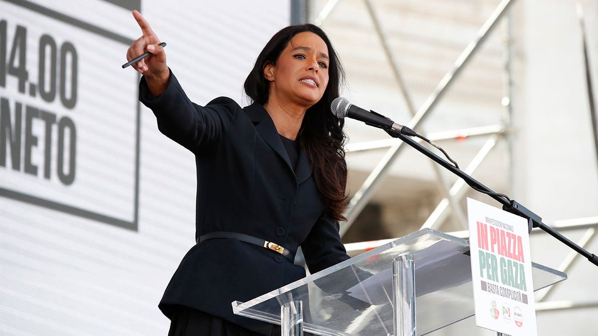 Rula Jebreal stands during a Gaza demonstration in Rome, Italy.