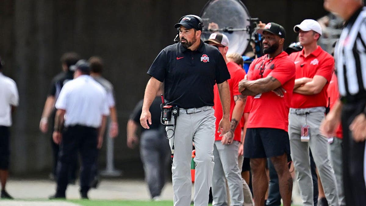 Ryan Day looks on during the first quarter against Ball State at Ohio Stadium.