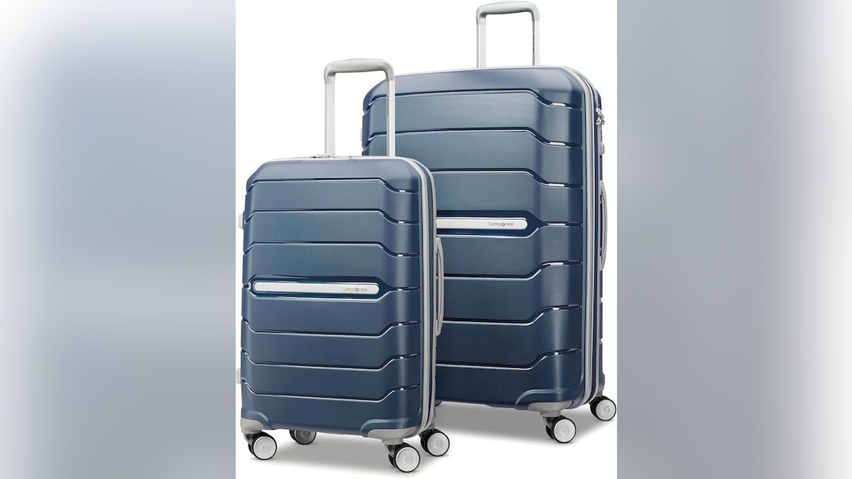 This luggage set includes a carry-on and large checked suitcase.