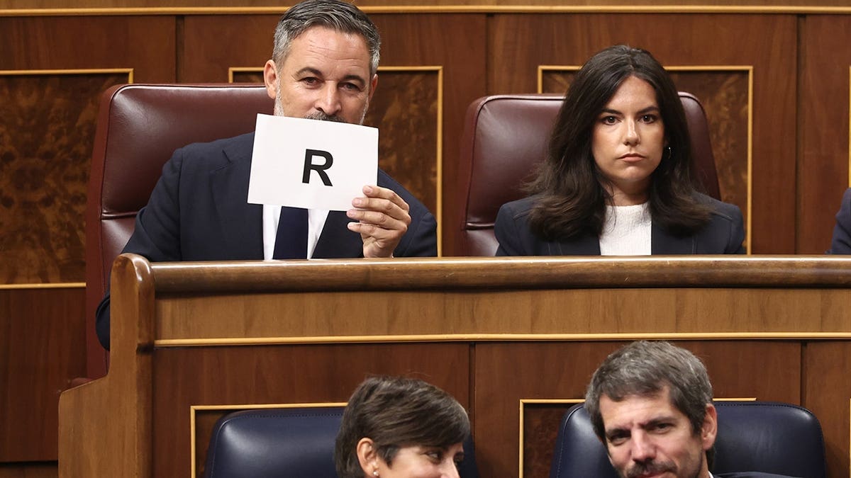 Santiago Abascal and Pepa Millan seated during a plenary session in the Congress of Deputies in Madrid.